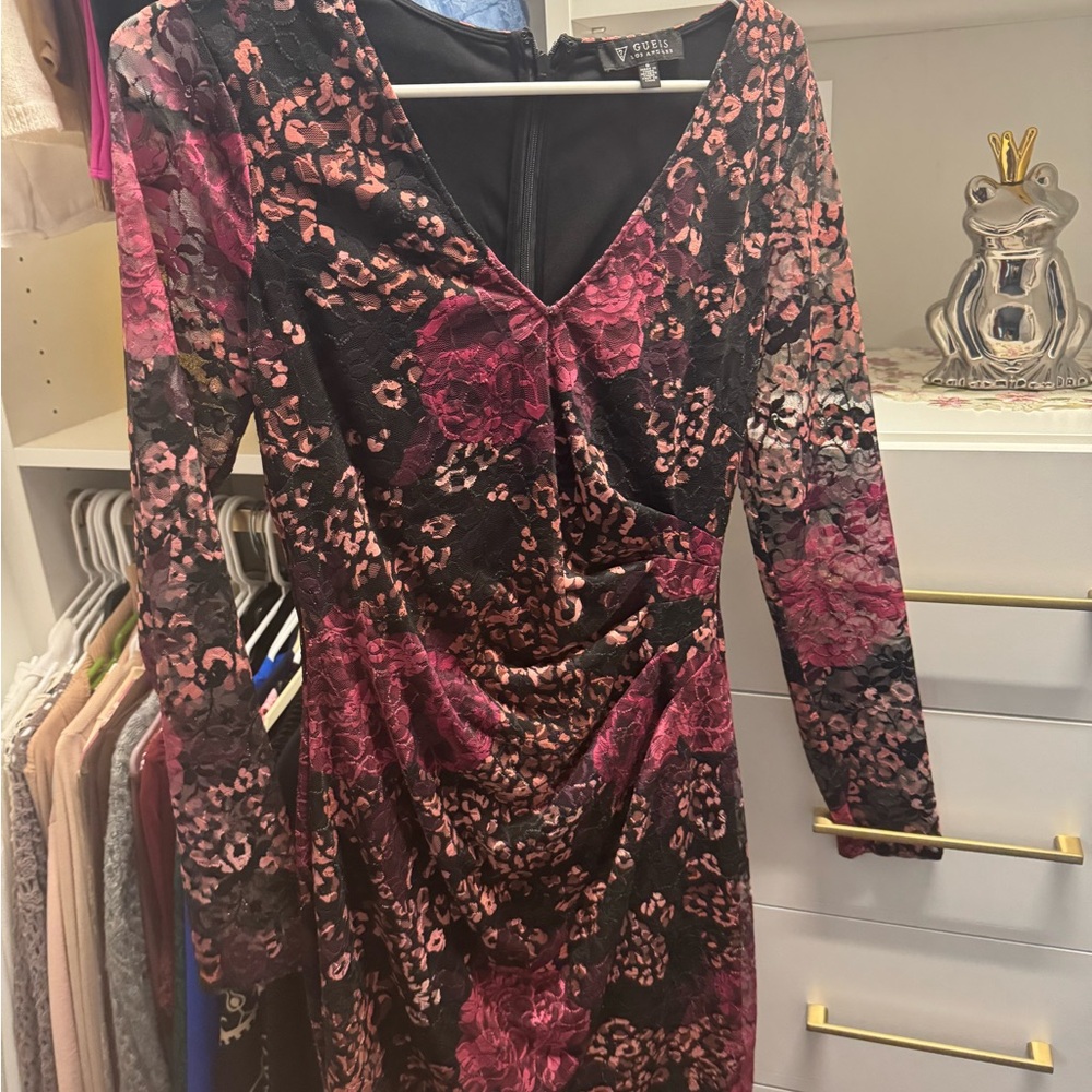 Guess Black and Pink Floral Long Sleeve Dress